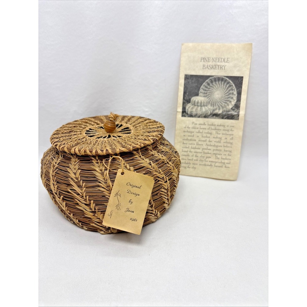 Hand Crafted Brown Missouri Pine Needle Basket By Jean Vintage 80s Lid And Tag